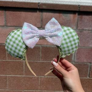 Green Gingham Mouse Ears Headband with Sequin Bow